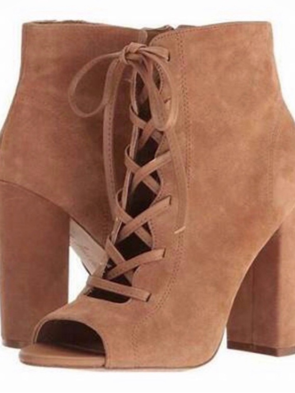 Sam Edelman Tan Faux Suede Lace-Up Peep Toe Block Heel Ankle Boots
